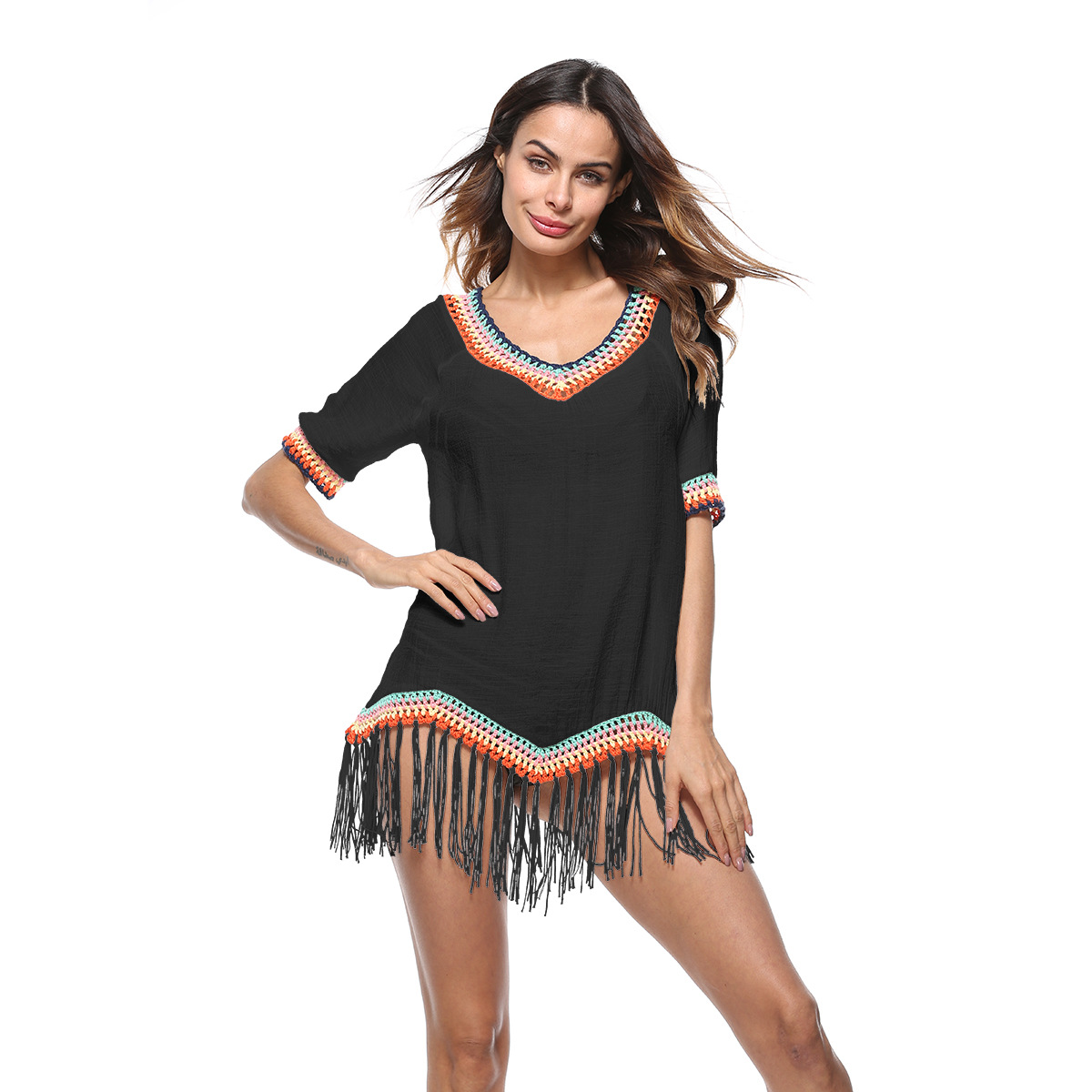 4715-2Tassels Mid-Length V-Neck Womens T-shirt